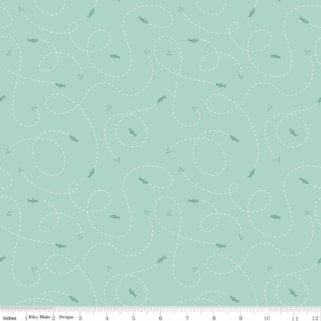 Riptide Hunt C10305 Mint - Riley Blake Designs - Ocean Sea Sharks Dashed Lines Curls Loops Green - Quilting Cotton Fabric