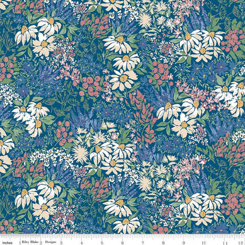 Fat Quarter End of bolt - Rocky Mountain Wild Main C10290 Blue - Riley Blake - Flowers Floral Wildflowers Berries - Quilting Cotton Fabric