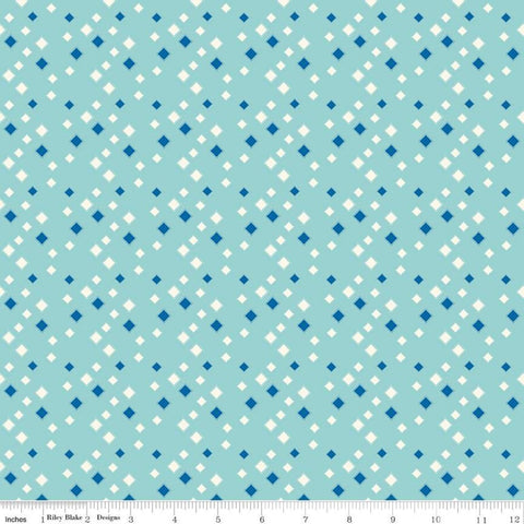 Fat Quarter End of Bolt - SALE Oh Happy Day! Diamonds C10314 Aqua - Riley Blake - Scattered Diamonds Blue Cream - Quilting Cotton Fabric