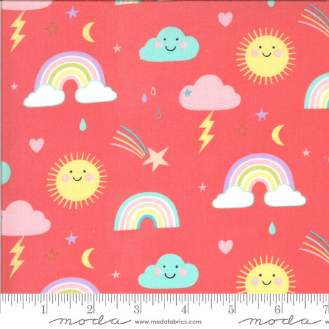 Fat Quarter End of Bolt - CLEARANCE Hello Sunshine Rainbows 35350 Posie - Moda - Children's Raindrops Stars Pink - Quilting Cotton Fabric