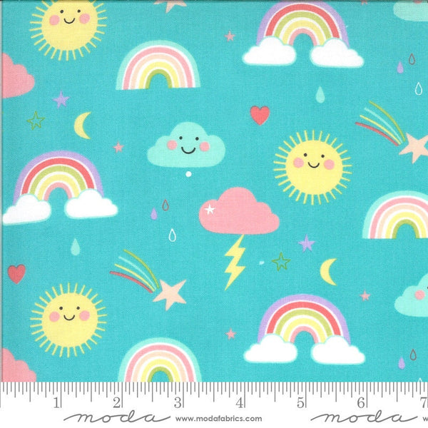 CLEARANCE 17" End of Bolt - Hello Sunshine Rainbows 35350 Aqua - Moda - Children's Clouds Suns Stars Turquoise - Quilting Cotton Fabric