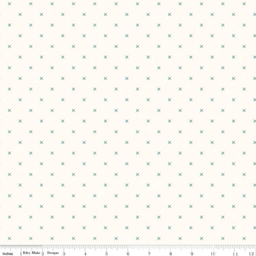 Bee Cross Stitch on Cloud C747 Jade by Riley Blake Designs -  Green Xs on Off-White Geometric - Lori Holt - Quilting Cotton Fabric