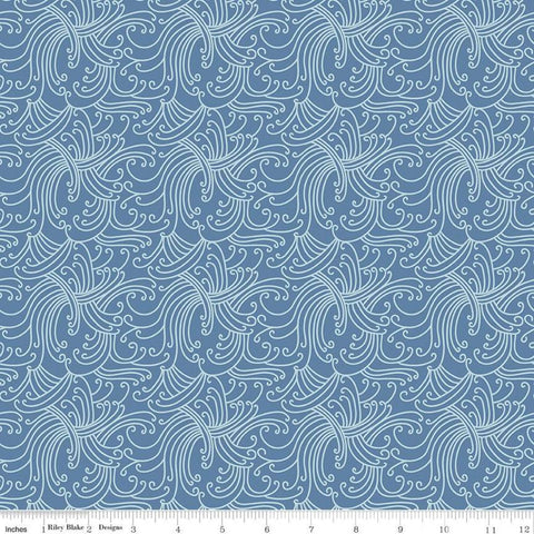 9" End of Bolt - SALE Riptide Gnarly Waves C10302 Denim  - Riley Blake Designs - Swirly Lines Swirls Blue - Quilting Cotton Fabric