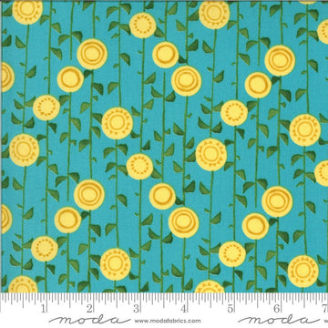 CLEARANCE 29" End of Bolt - Solana Stalks 48683 Pond - Moda Fabrics - Flowers Leaves Vines Sunflowers on Aqua Blue - Quilting Cotton Fabric