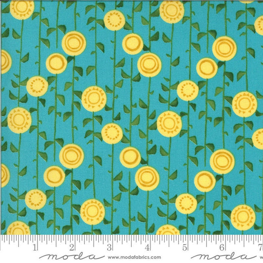 CLEARANCE 29" End of Bolt - Solana Stalks 48683 Pond - Moda Fabrics - Flowers Leaves Vines Sunflowers on Aqua Blue - Quilting Cotton Fabric