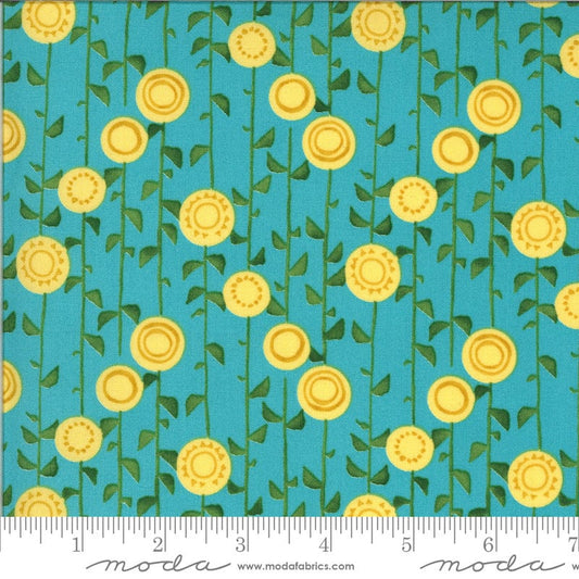 CLEARANCE 29" End of Bolt - Solana Stalks 48683 Pond - Moda Fabrics - Flowers Leaves Vines Sunflowers on Aqua Blue - Quilting Cotton Fabric