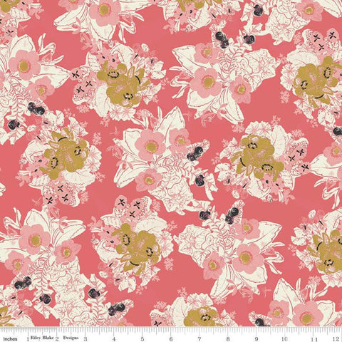 Fat Quarter End of Bolt - Faith, Hope and Love Main C10320 Berry  - Riley Blake - Floral Flowers Pink Gold Cream - Quilting Cotton Fabric