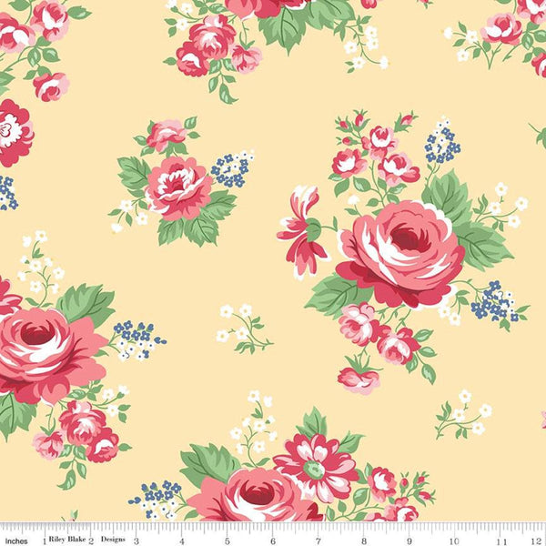 CLEARANCE 32" End of Bolt Piece - Notting Hill Main C10200 Yellow - Riley Blake Designs - Flowers English Roses - Quilting Cotton Fabric