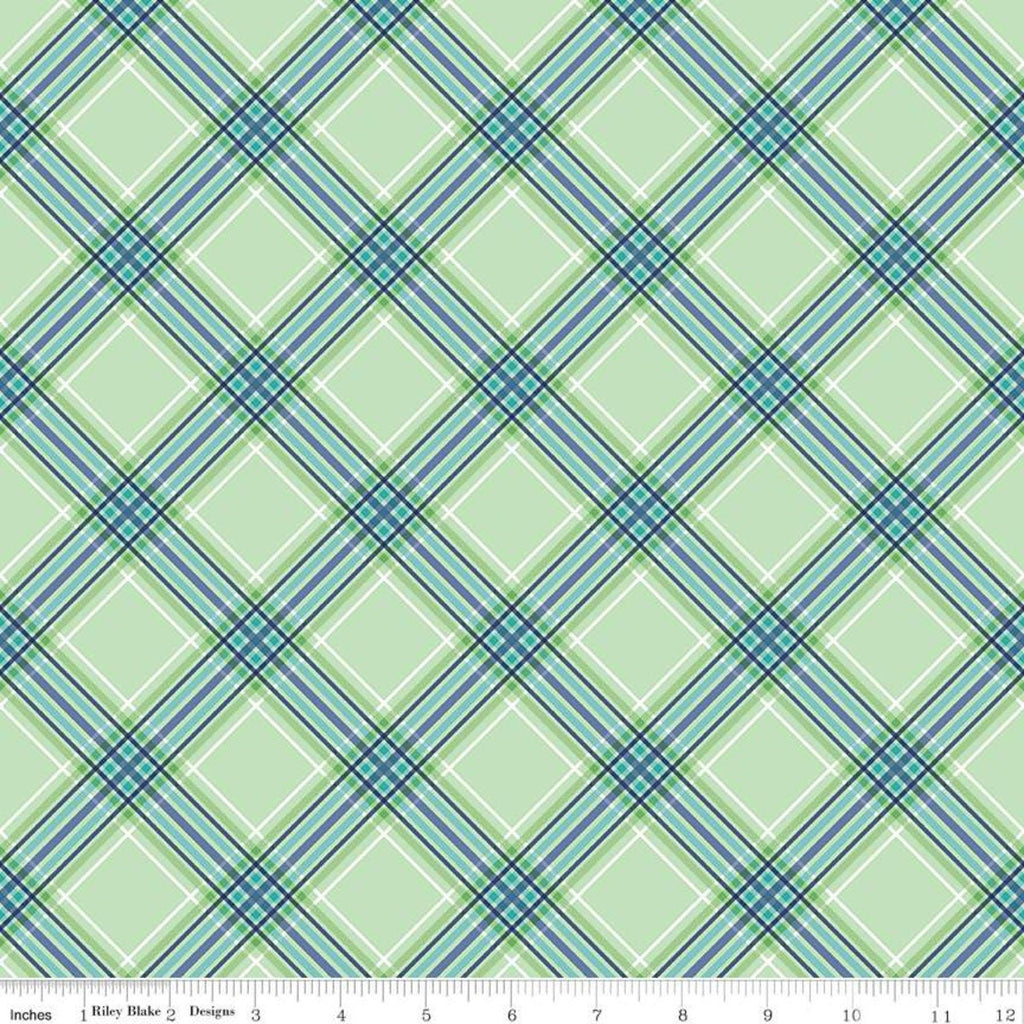 SALE Notting Hill Plaid C10204 Green - Riley Blake Designs - Aqua Blue Green Diagonal - Quilting Cotton Fabric