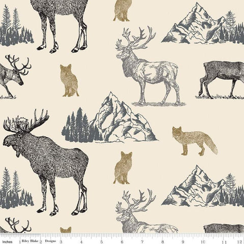 22" End of Bolt - SALE Timberland Main C10330 Cream - Riley Blake Designs - Moose Caribou Fox Mountains Pine Trees - Quilting Cotton Fabric