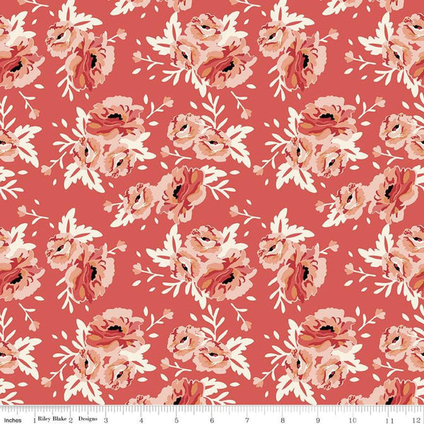 14" End of Bolt - SALE Ava Kate Bouquet C10532 Cayenne - Riley Blake Designs - Floral Orange Peach Cream on Red -  Quilting Cotton Fabric