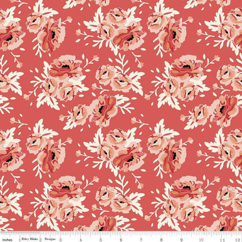 14" End of Bolt - SALE Ava Kate Bouquet C10532 Cayenne - Riley Blake Designs - Floral Orange Peach Cream on Red -  Quilting Cotton Fabric