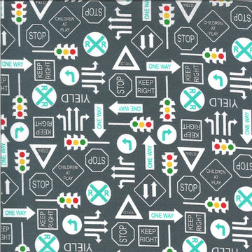 CLEARANCE 21" End of Bolt - On the Go It's a Sign 20725 Asphalt - Moda - Road Signs Stop Lights Railroad - Gray Grey Quilting Cotton Fabric