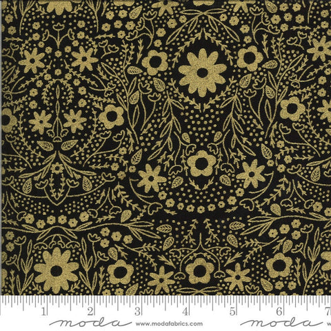 12" End of Bolt - CLEARANCE Dwell in Possibility Full Bloom METALLIC 48312 Night Gold - Moda Fabrics - Floral Black - Quilting Cotton Fabric