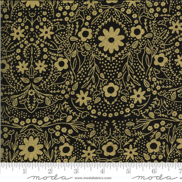 12" End of Bolt - CLEARANCE Dwell in Possibility Full Bloom METALLIC 48312 Night Gold - Moda Fabrics - Floral Black - Quilting Cotton Fabric