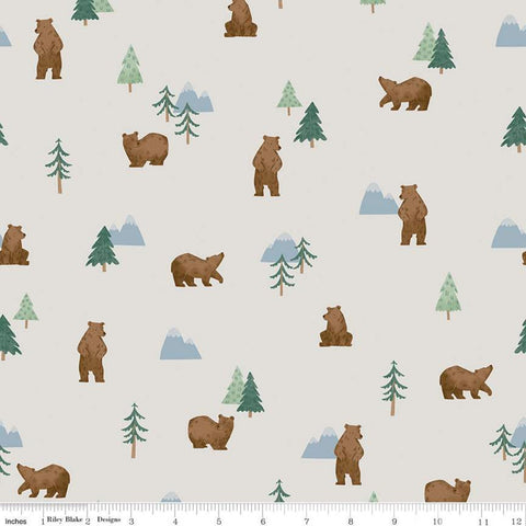 14" End of Bolt - Camp Woodland Grizzly Bears C10461 Off White - Riley Blake - Outdoors Trees Bears Mountains - Quilting Cotton Fabric