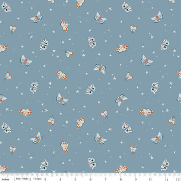 SALE Camp Woodland Moths C10462 Denim - Riley Blake Designs - Moths Stars Blue - Quilting Cotton Fabric