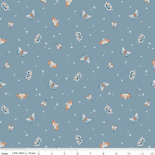 SALE Camp Woodland Moths C10462 Denim - Riley Blake Designs - Moths Stars Blue - Quilting Cotton Fabric