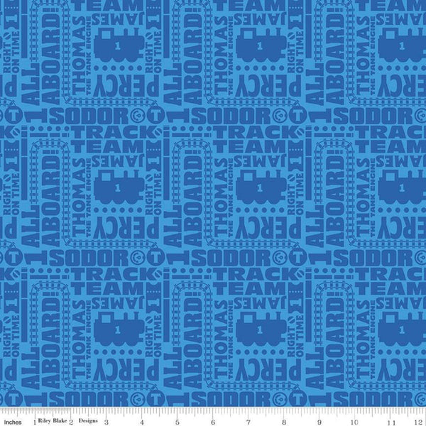 CLEARANCE All Aboard with Thomas and Friends Text C11004 Blue - Riley Blake Designs - Trains Words Phrases Children's  - Quilting Cotton