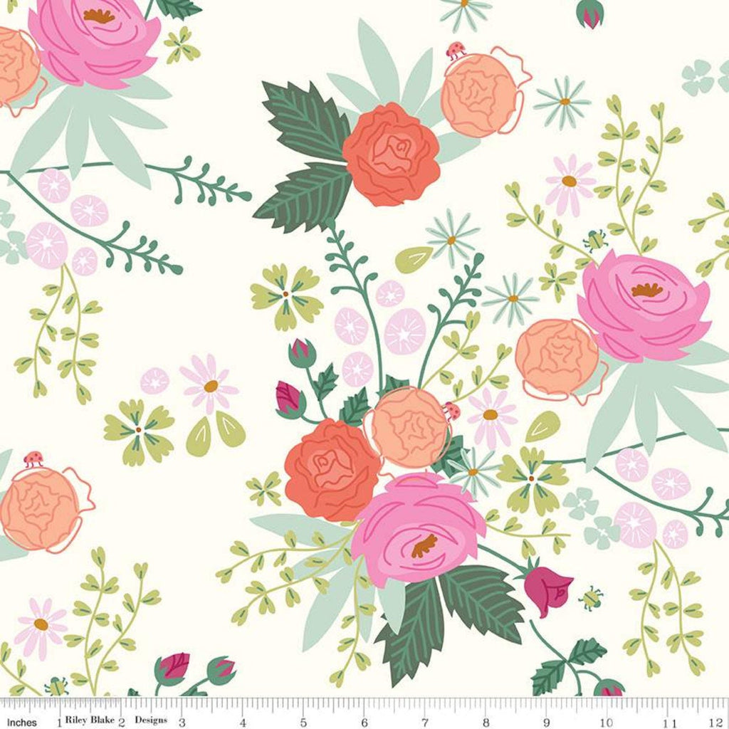 16" End of Bolt - SALE New Dawn Main C9850 Cream - Riley Blake Designs - Floral Flower Flowers Orange Pink - Quilting Cotton Fabric