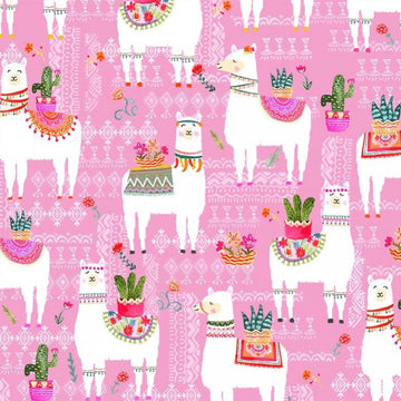 Fat Quarter End of Bolt - SALE La Vida Loca La Llama CX9416 Pink - Michael Miller - Llamas Flowers - Quilting Cotton Fabric