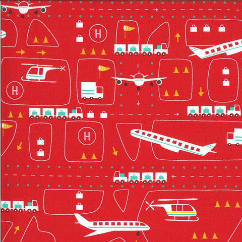 8" End of Bolt - CLEARANCE On the Go Take Off 20722 Red Light -Moda- Airport Runway Planes Airplanes Helicopters Red -Quilting Cotton Fabric