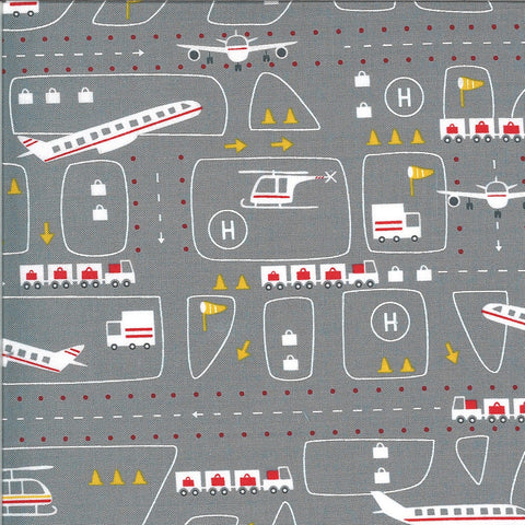 SALE On the Go Take Off 20722 Steel - Moda Fabrics - Airport Runway Planes Airplanes Helicopters Juvenile Grey Gray - Quilting Cotton Fabric