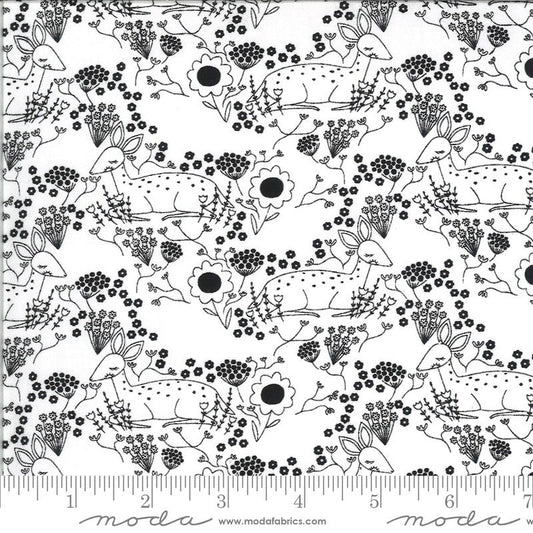 32" End of Bolt SALE Dwell in Possibility Meadow Deer 48313 Ivory Night - Moda - Floral Flowers Outlined Deer Black - Quilting Cotton Fabric