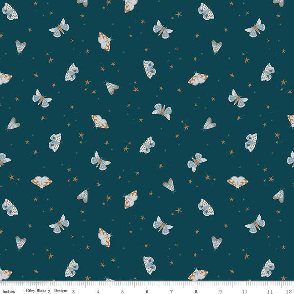 SALE Camp Woodland Moths C10462 Navy - Riley Blake Designs - Moths Stars Blue - Quilting Cotton Fabric