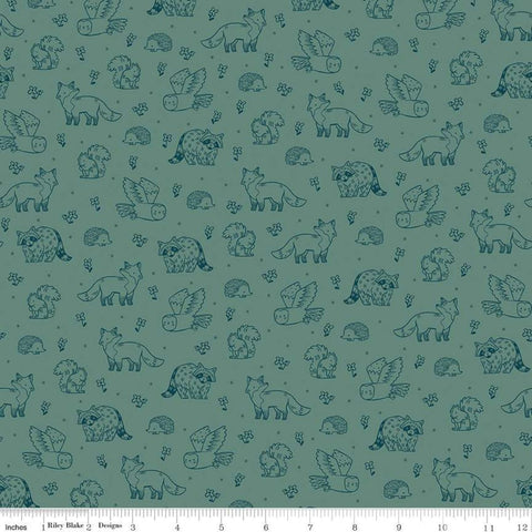 Camp Woodland Life C10463 Pine - Riley Blake - Outdoors Squirrels Racoons Foxes Hedgehogs Owls Flowers Green - Quilting Cotton Fabric