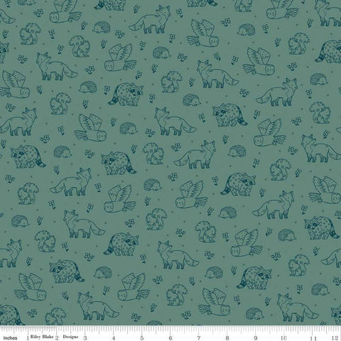 Fat Quarter End of Bolt - Camp Woodland Life C10463 Pine - Riley Blake - Squirrels Racoons Foxes Hedgehogs Owls Green-Quilting Cotton Fabric