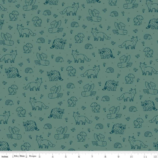 Fat Quarter End of Bolt - Camp Woodland Life C10463 Pine - Riley Blake - Squirrels Racoons Foxes Hedgehogs Owls Green-Quilting Cotton Fabric