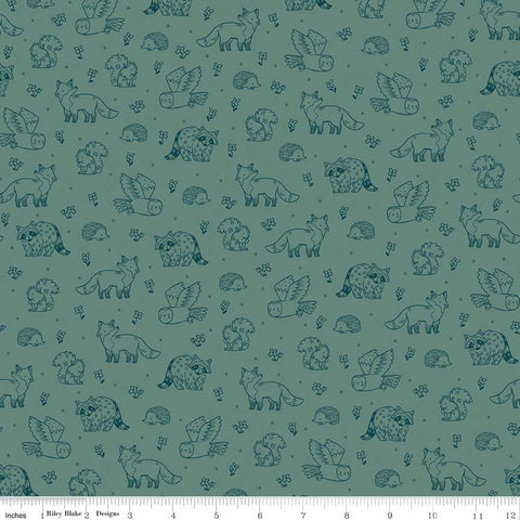 Fat Quarter End of Bolt - Camp Woodland Life C10463 Pine - Riley Blake - Squirrels Racoons Foxes Hedgehogs Owls Green-Quilting Cotton Fabric