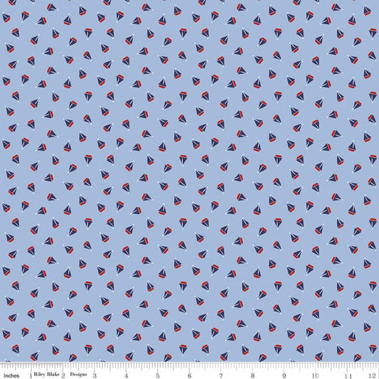 25" End of Bolt - SALE Set Sail America Sailboats C10515 Blue - Riley Blake Designs - Patriotic Sailing Boats - Quilting Cotton Fabric