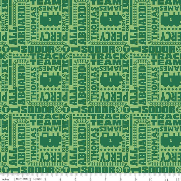 Fat Quarter End of Bolt - CLEARANCE All Aboard with Thomas and Friends Text C11004 Green - Riley Blake -Trains Words Phrases-Quilting Cotton