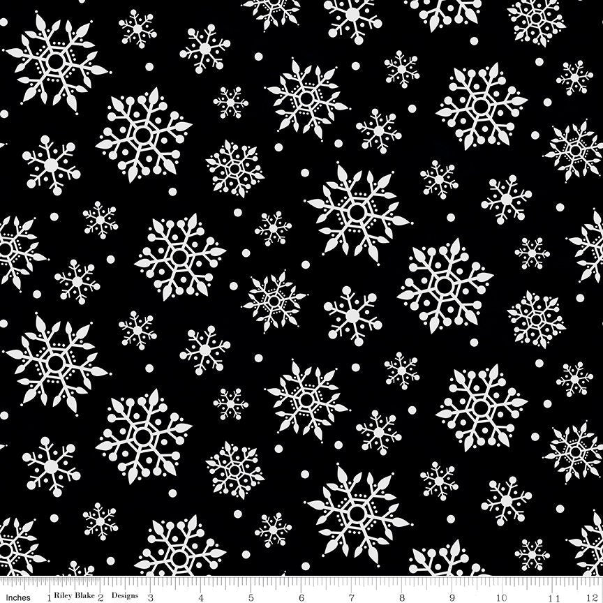SALE FLANNEL Gnome for Christmas Snowflakes F10612 Black - Riley Blake - Snow White on Black - FLANNEL Cotton Fabric