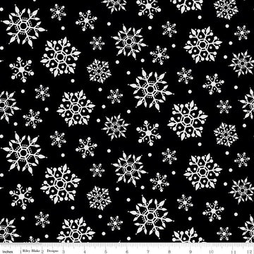 33" End of Bolt - FLANNEL Gnome for Christmas Snowflakes F10612 Black - Riley Blake - Snow White on Black - FLANNEL Cotton Fabric