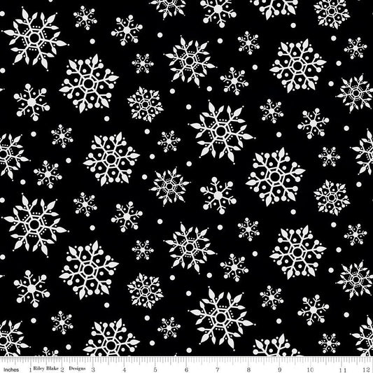 33" End of Bolt - FLANNEL Gnome for Christmas Snowflakes F10612 Black - Riley Blake - Snow White on Black - FLANNEL Cotton Fabric