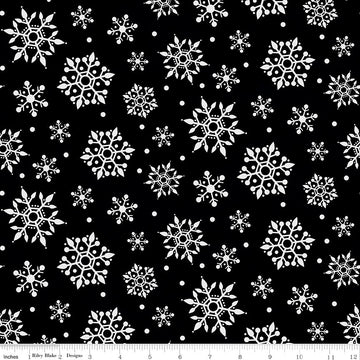 27" End of Bolt - FLANNEL Gnome for Christmas Snowflakes F10612 Black - Riley Blake - Snow White on Black - FLANNEL Cotton Fabric