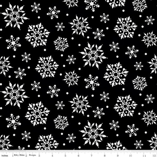 27" End of Bolt - FLANNEL Gnome for Christmas Snowflakes F10612 Black - Riley Blake - Snow White on Black - FLANNEL Cotton Fabric