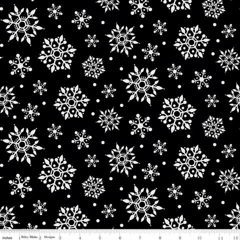 27" End of Bolt - SALE FLANNEL Gnome for Christmas Snowflakes F10612 Black - Riley Blake - Snow White on Black - FLANNEL Cotton Fabric