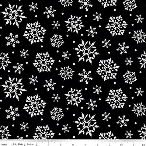 27" End of Bolt - SALE FLANNEL Gnome for Christmas Snowflakes F10612 Black - Riley Blake - Snow White on Black - FLANNEL Cotton Fabric