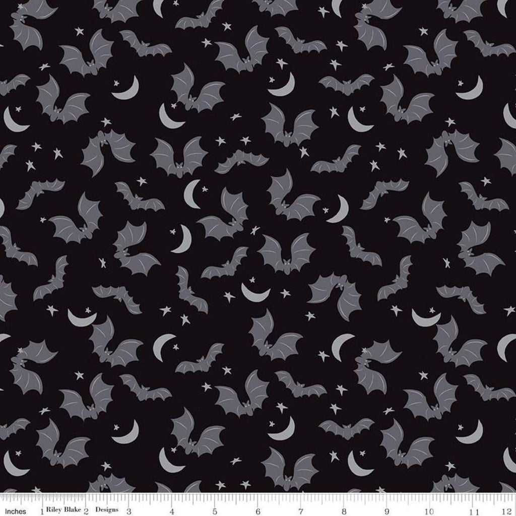 Spooky Hollow Bats SC10572 Black SPARKLE - Riley Blake Designs - Halloween Moon Stars Silver SPARKLE - Quilting Cotton Fabric