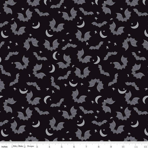 SALE Spooky Hollow Bats SC10572 Black SPARKLE - Riley Blake Designs - Halloween Moon Stars Silver SPARKLE - Quilting Cotton Fabric