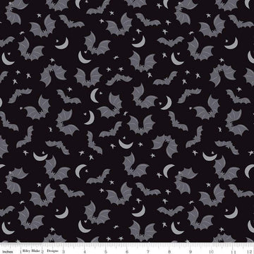 DEAL Spooky Hollow Bats SC10572 Black SPARKLE - Riley Blake Designs - Halloween Moon Stars Silver SPARKLE - Quilting Cotton Fabric