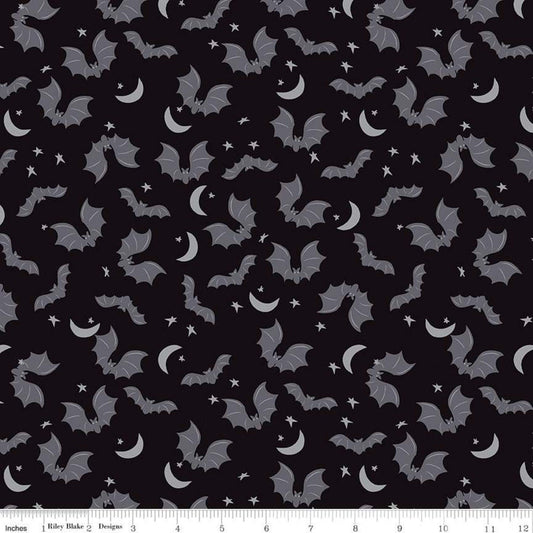 DEAL Spooky Hollow Bats SC10572 Black SPARKLE - Riley Blake Designs - Halloween Moon Stars Silver SPARKLE - Quilting Cotton Fabric