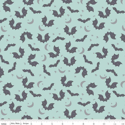 SALE Spooky Hollow Bats SC10572 Scuba SPARKLE - Riley Blake Designs - Halloween Moon Stars Silver SPARKLE Blue - Quilting Cotton Fabric