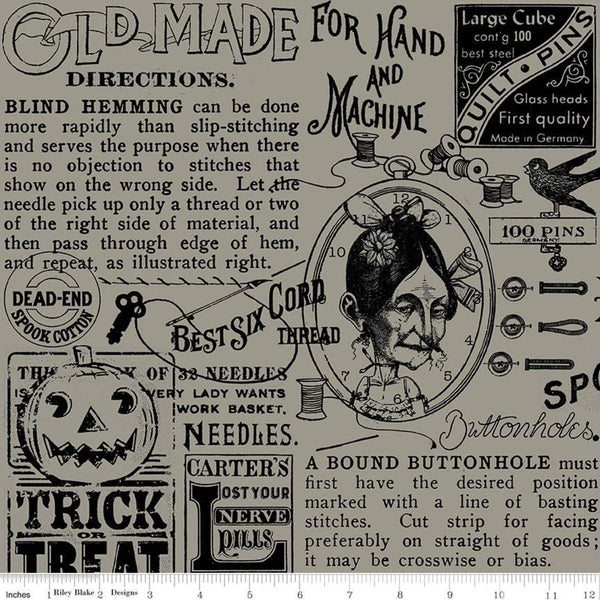 SALE Old Made Text C10594 Gray - Riley Blake Designs - Halloween Sewing Words Images -  Quilting Cotton Fabric