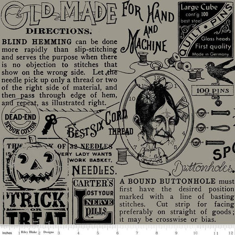 Old Made Text C10594 Gray - Riley Blake Designs - Halloween Sewing Words Images -  Quilting Cotton Fabric