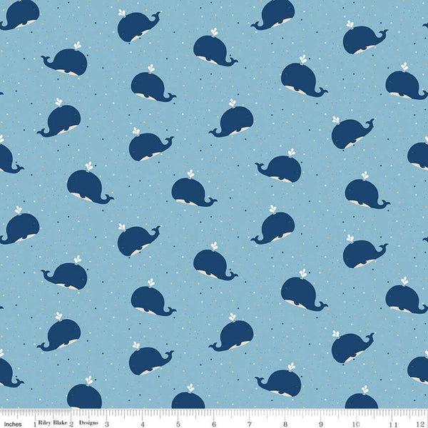 Fat Quarter End of Bolt - SALE FLANNEL Whales F10622 Blue - Riley Blake - Children's Whales Tiny Multi-Colored Stars - FLANNEL Cotton Fabric